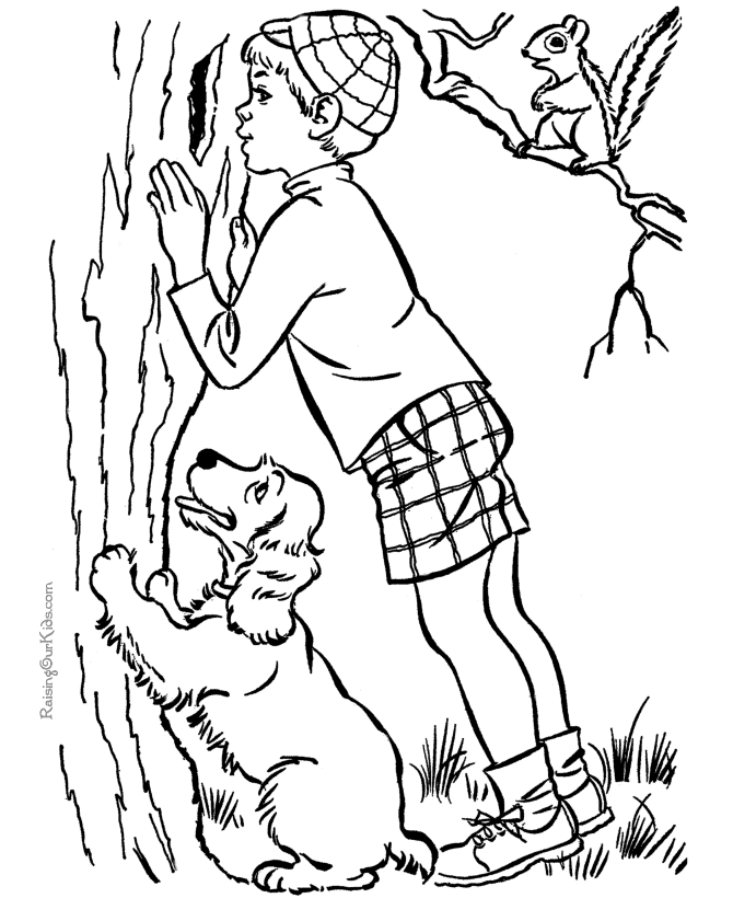 Kolorowanka do druku: Chłopiec, Pies i Wiewiórka - Przygoda i Odkrywanie kolorowanka do druku